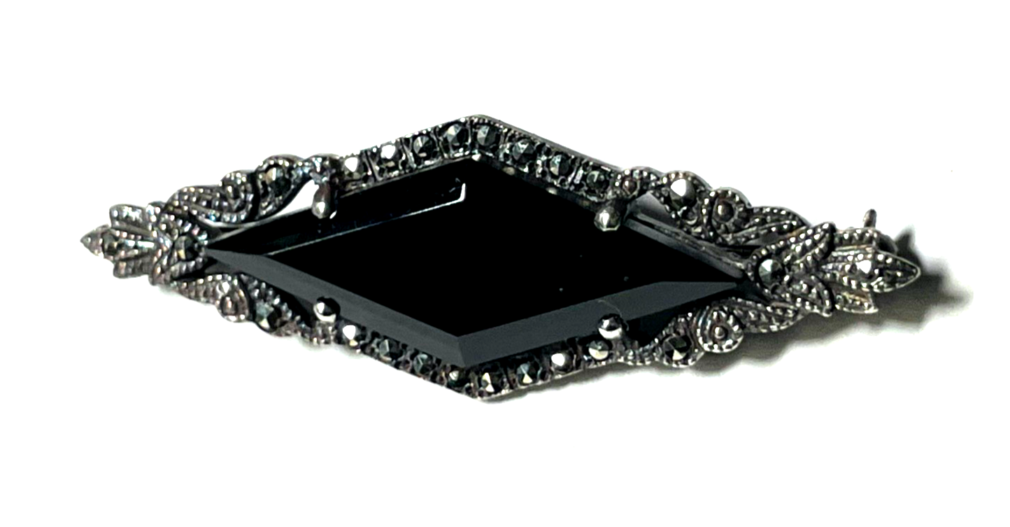 Silber Brosche Onyx Markasit original Antik Handarbeit Juwelier Punze L 46 mm0