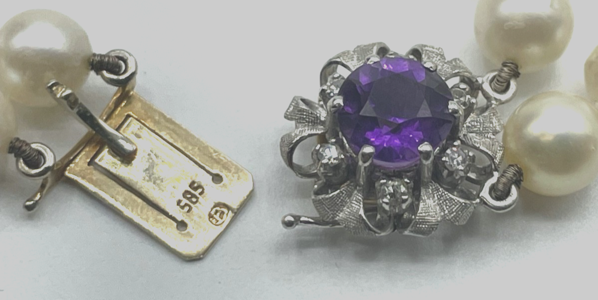 Bicolor 585 Gold Brillanten + Amethyst an 2 reihiger Akoya Perlenkette Ø 7 mm0
