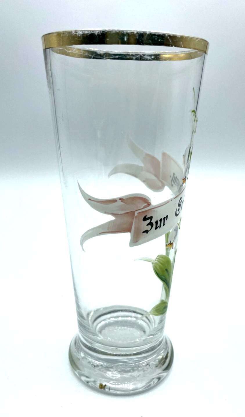 Antik Glas handbemalt Jugendstil Andenkenglas zur Erinnerung Maiglöckchen 6/20 L2