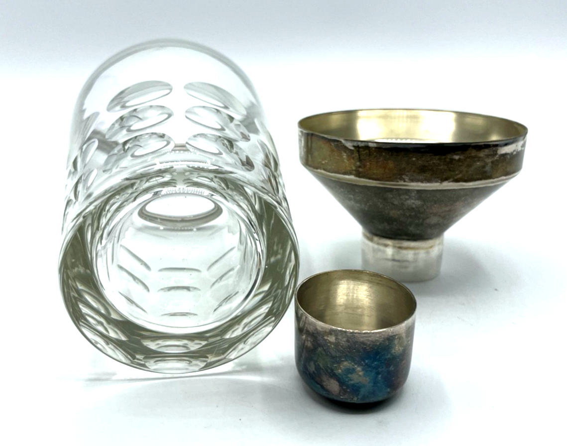 Vintage Cocktail Shaker Kristallglas versilberte Montur Rand Deckel Topzustand5