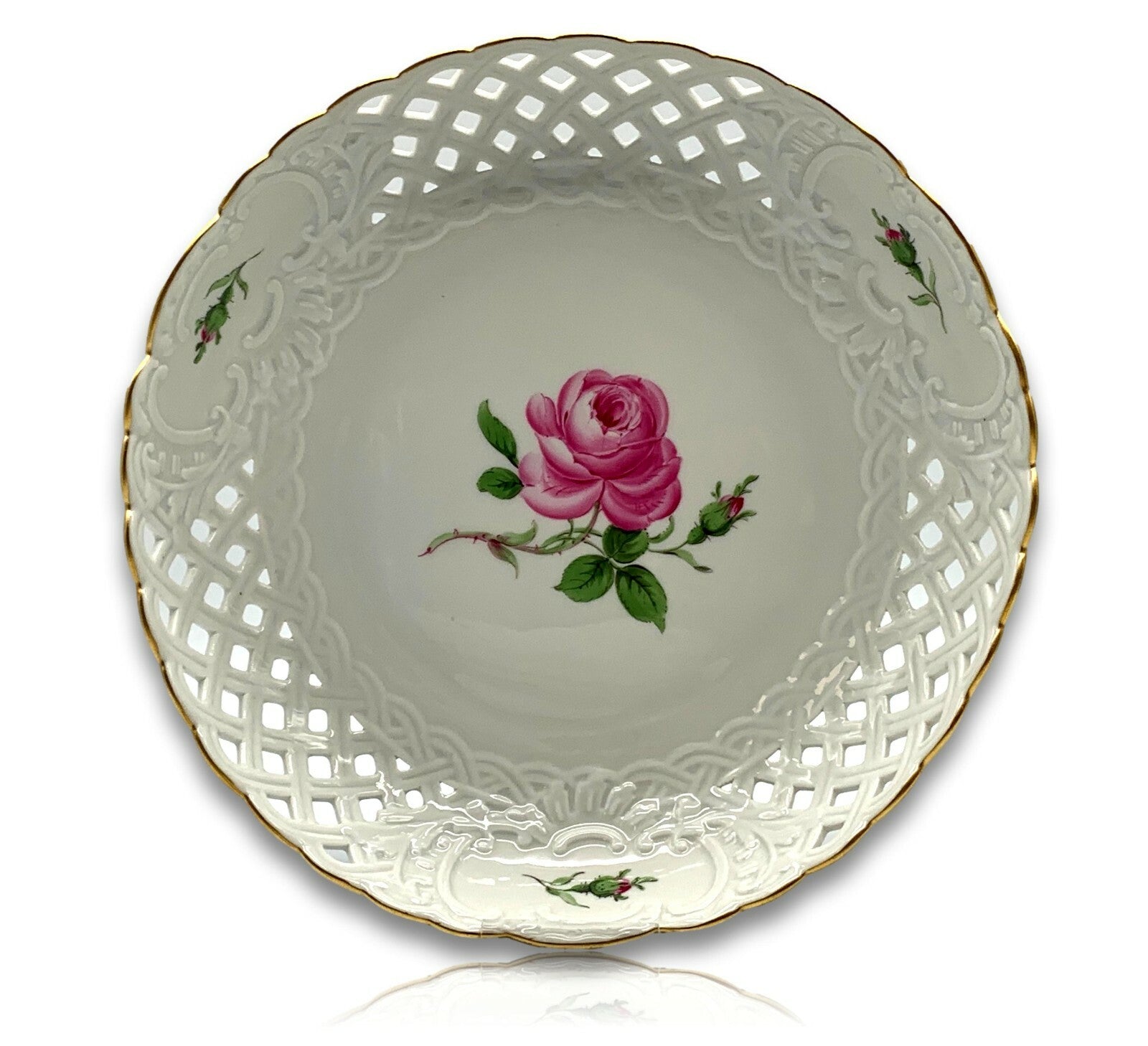 Meissen Porzellan - Durchbruch Schale Korbschale - Rote Rose - Goldstaffage 0