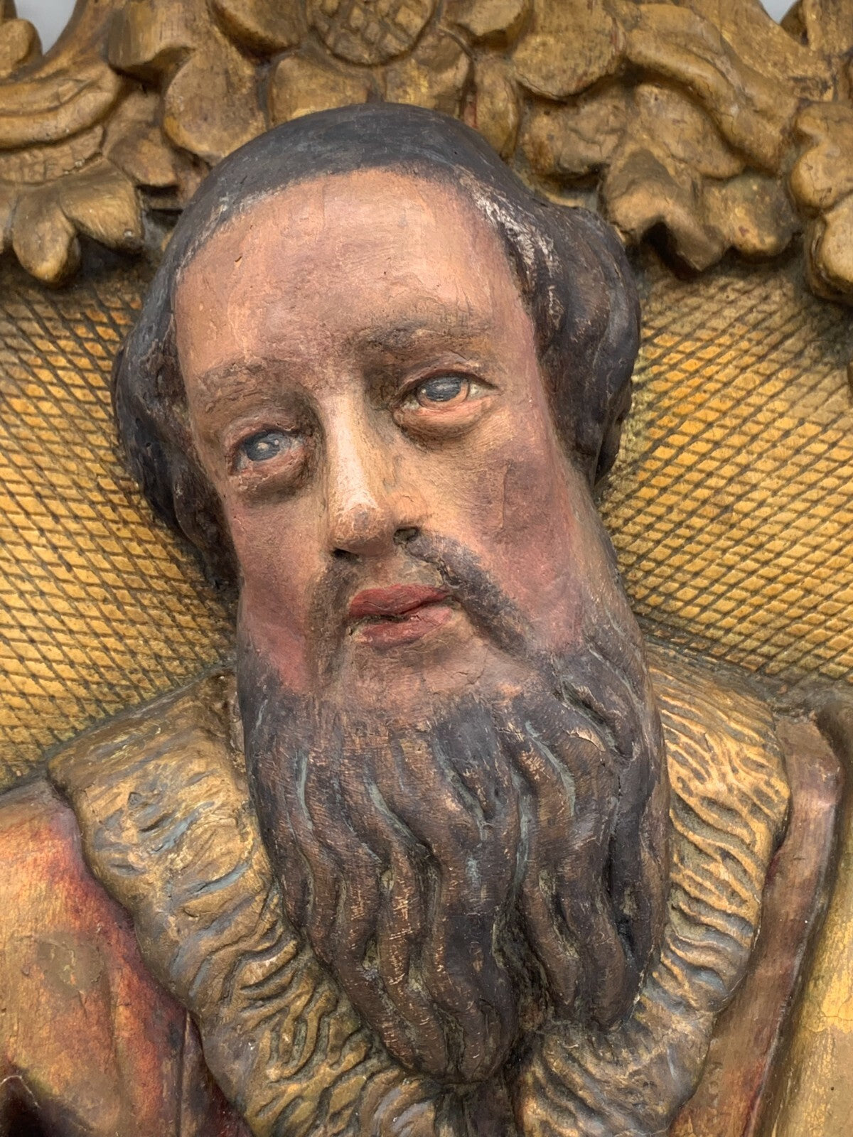 barocke Heiligen Figur Skulptur - Apostel mit Buch - gefasst - Reliefschnitzerei2