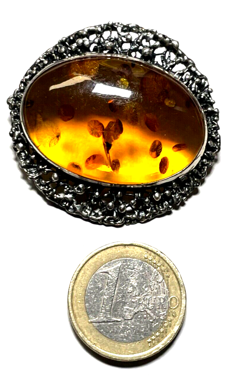 925 Silber Brosche Designer Anstecknadel / Anhänger Bernstein Cabochon Inklusen8