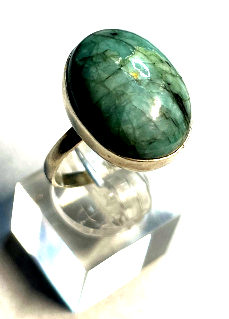 Solider 925 Silber Ring Amazonit Cabochon Besatz Handarbeit Ø 19 mm RG 60 gepfl.1