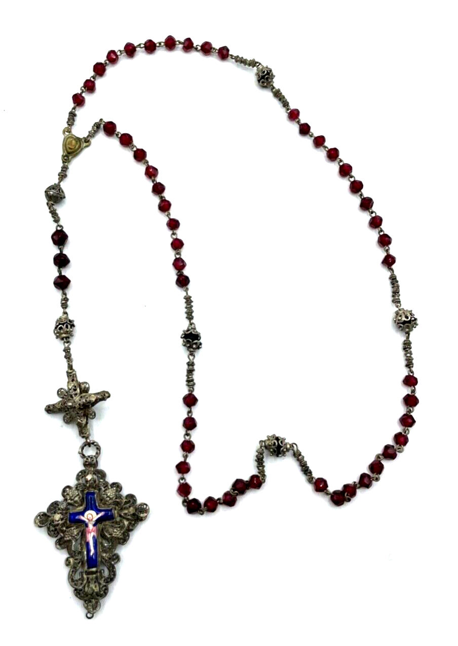 Antik Biedermeier Rosenkranz Filigran Silber farbig + Emaille + rote Glas Perlen0