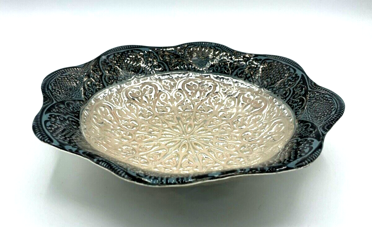 Vintage von Hand dekorierte Glas Schale Anbietschale mit Silber gepfl. Ø 20,5 cm2