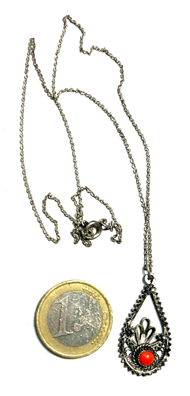 Antik 800 Silber Kette Filigransilber Anhänger mit Koralle Handarbeit5