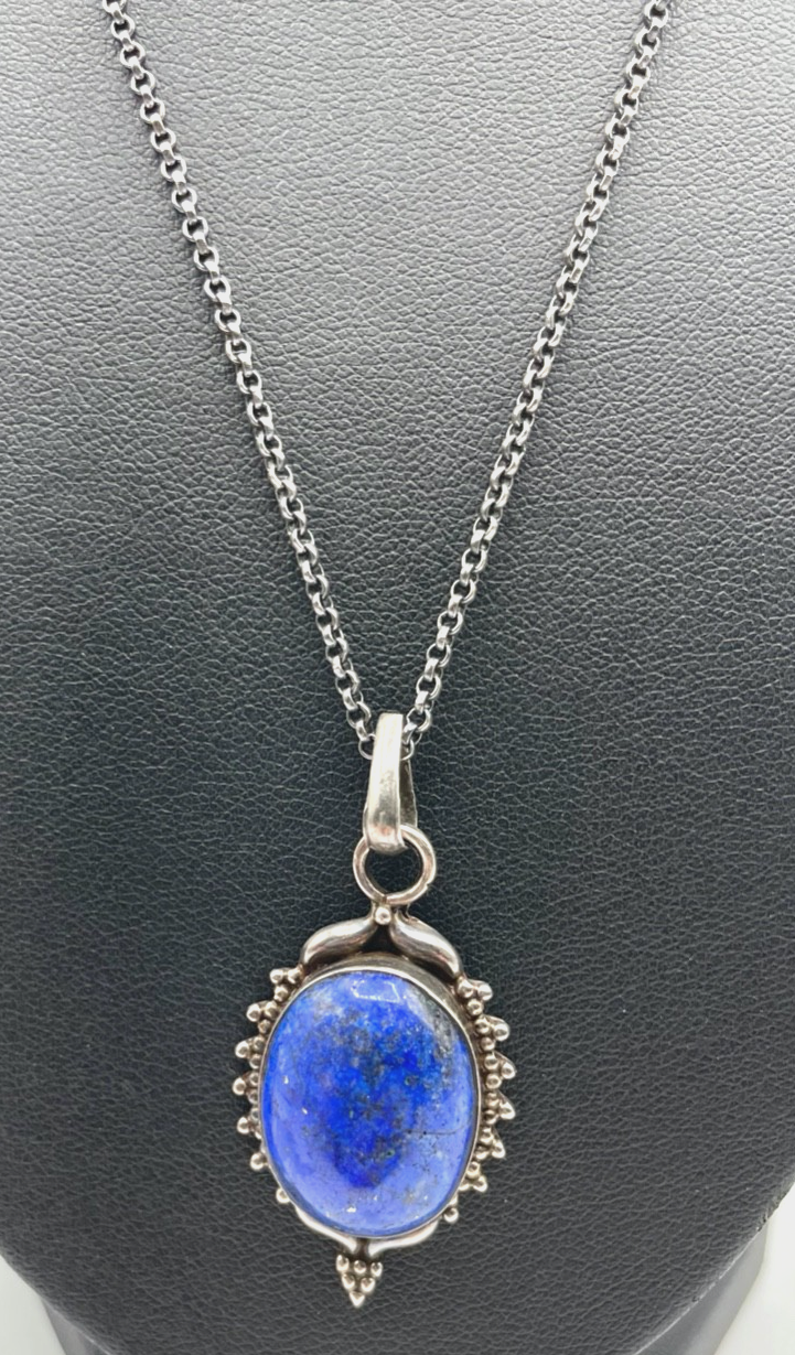 Vintage 835 Silber Anhänger Lapislazuli Cabochon Amulett an Silber Erbskette0