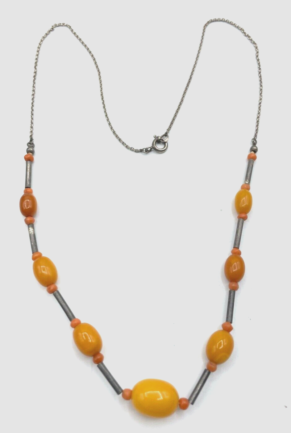 Antik 935 Silberkette Butterscotch Bernstein Oliven Koralle Mix Art Déco gepfl.4