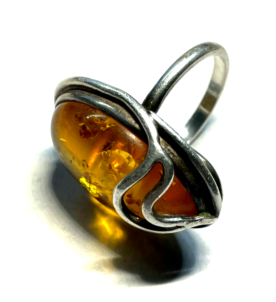 Aparter 925 Silber Ring Handarbeit Bernstein Cabochon RG 51 Ø 16,2 mm gepflegt7