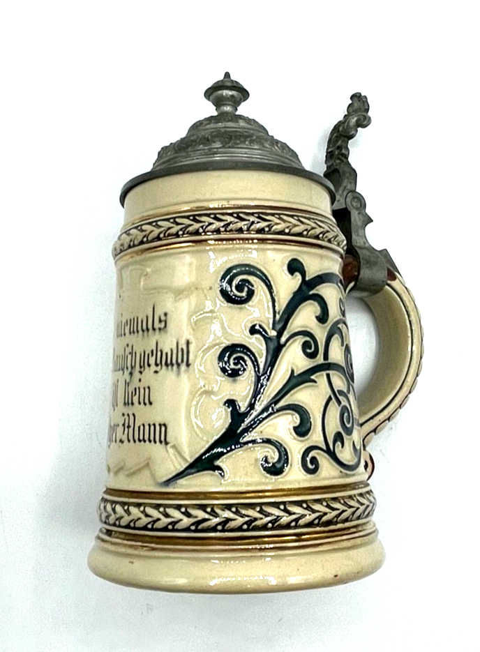 Antik Steinzeug Bierkrug mit Zinn Deckel Bier Seidel vor 1900 Trinkspruch 1/2 L8