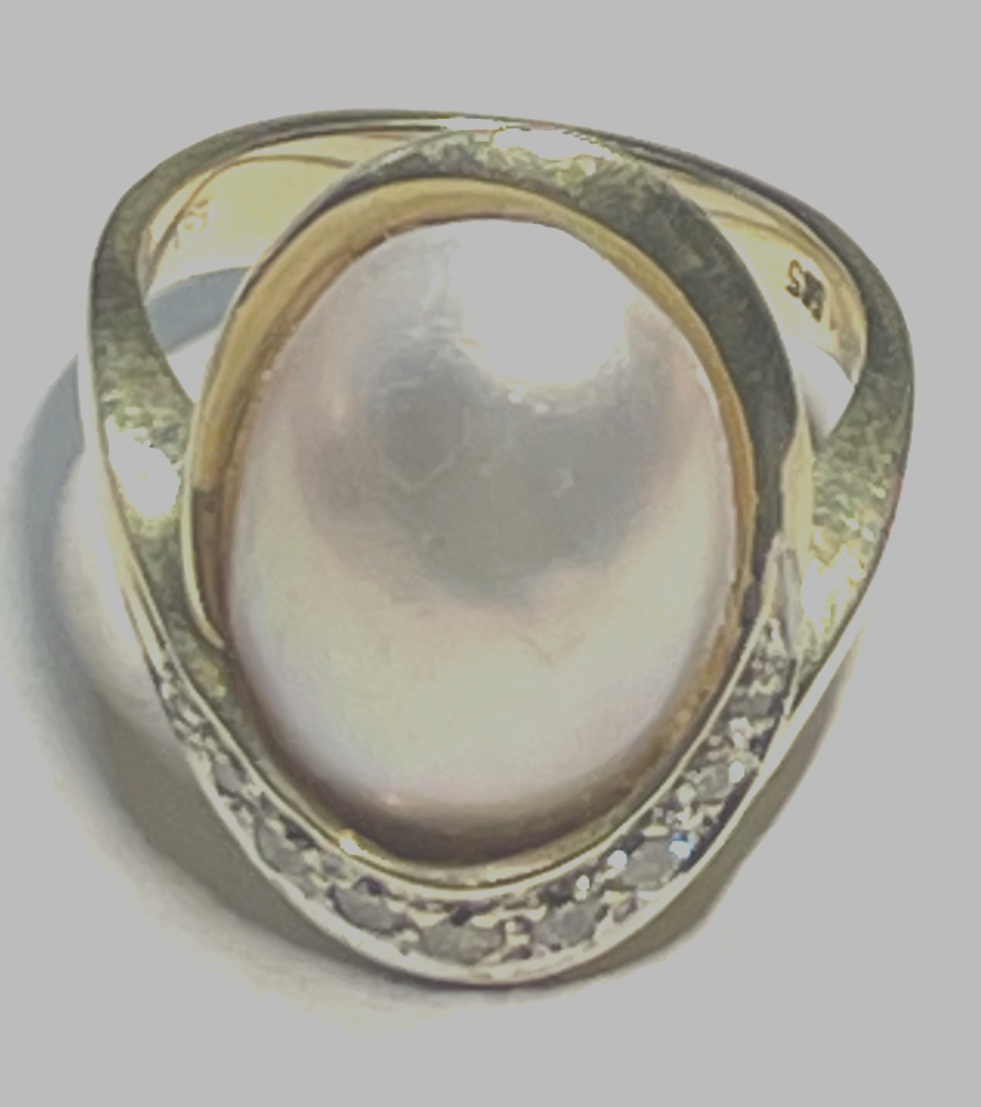 Eleganter 585 Gold 14 K Ring Tahiti Mabé Perle + 10 Diamanten Ø 17,5 mm RG 555