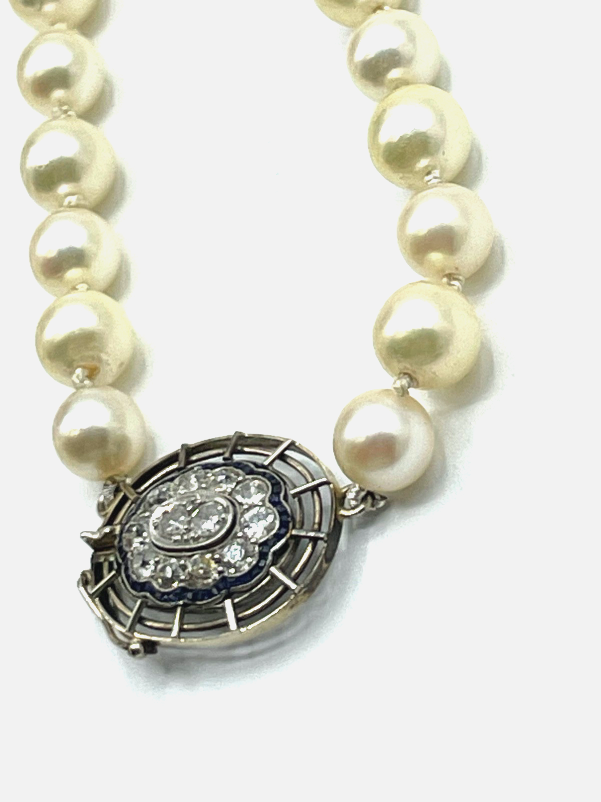 585 Gold Brillanten + Saphire Art Déco Flapper Kette 92 cm Perlenkette Ø 7 mm16