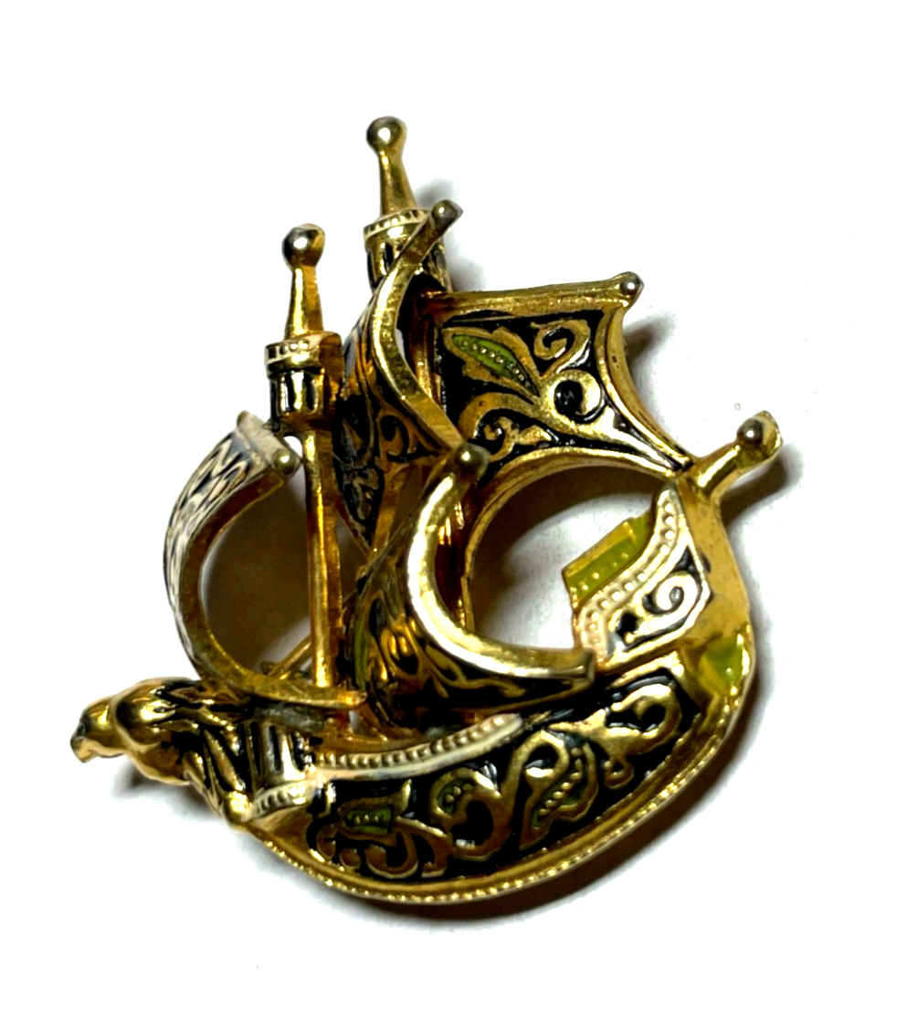 Vintage Toledo Brosche  Anstecknadel Schiff  Damaszener Handarbeit vergoldet rar3