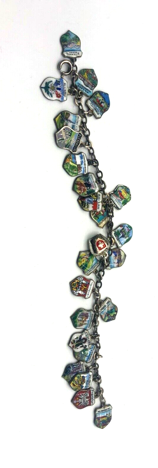 Vintage Silber gut bestücktes Bettelarmband Stadtwappen 24 Reiseandenken Emaille1