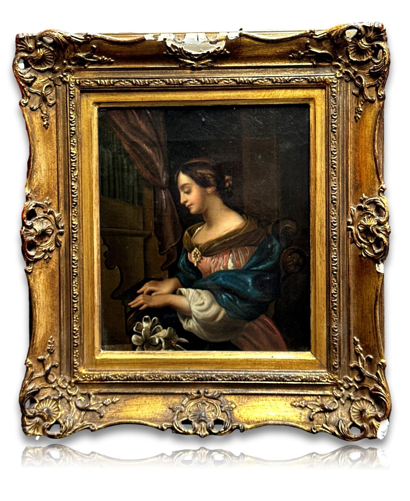 Antikes Ölgemälde auf Leinwand -  Dame am Klavier - um 1860 - Goldrahmen0