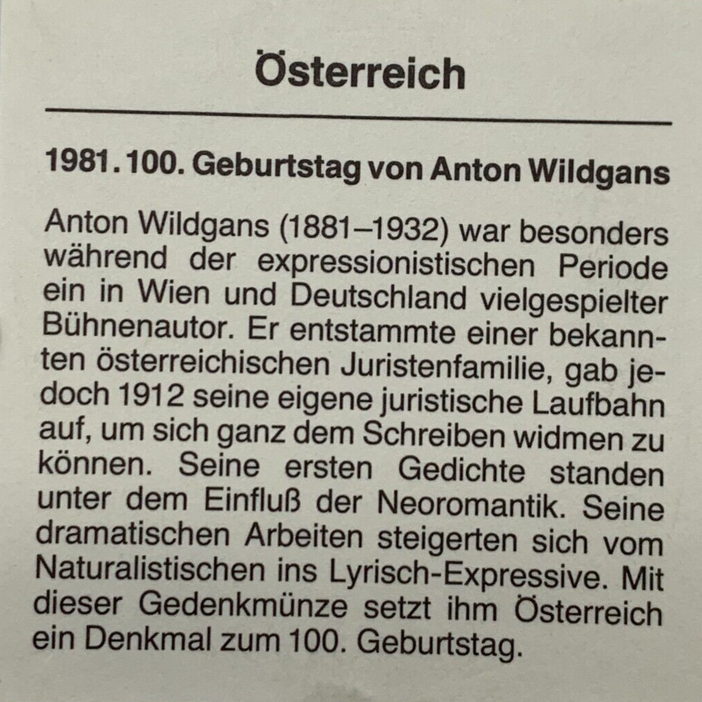500 Schilling Österreich - Silber Münze - Anton Wildgans - Stgl3