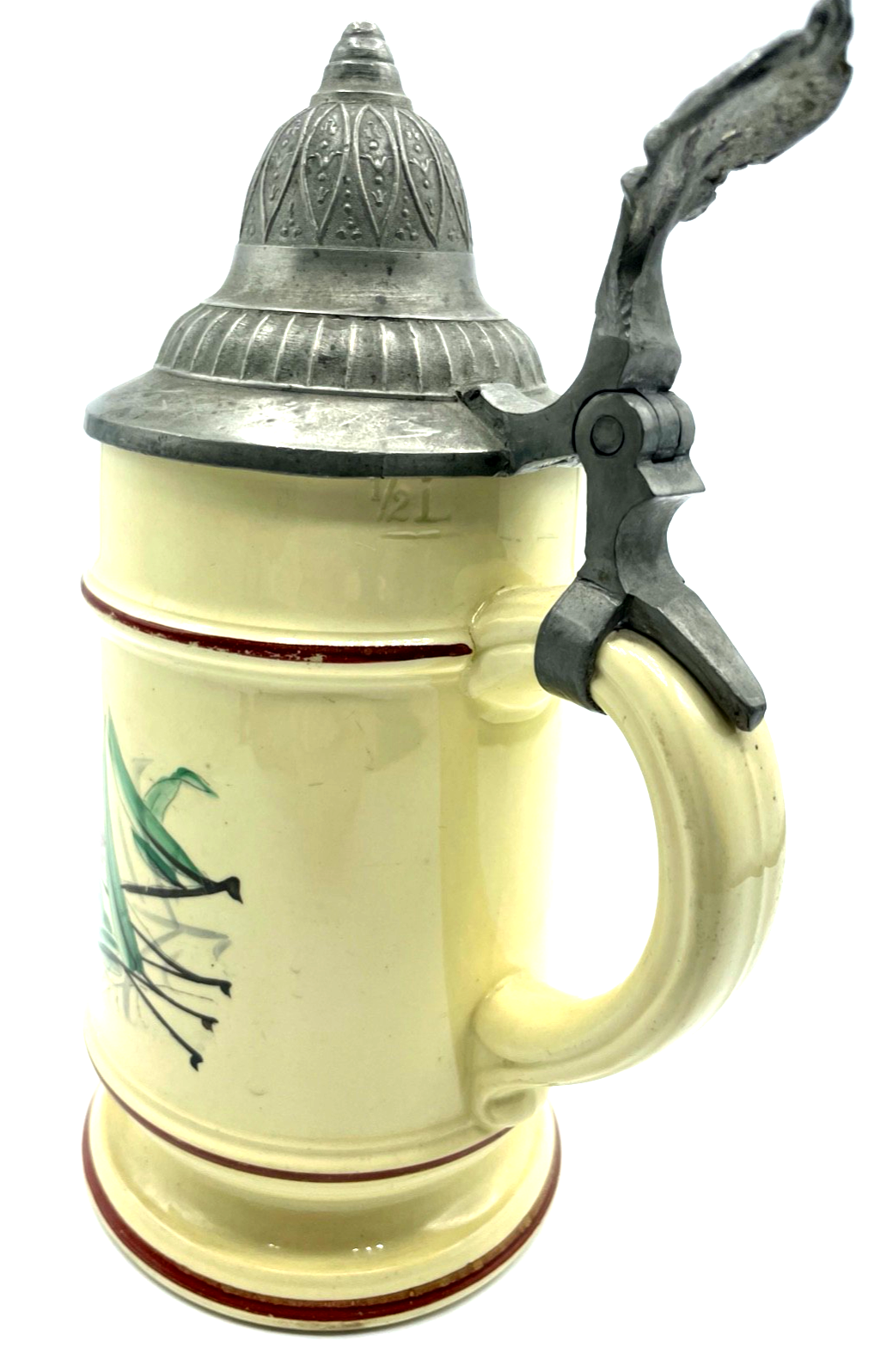 Antik Porzellan Bierkrug mit Zinn Deckel Bier Seidel um 1900 Gruß aus Haiterbach7