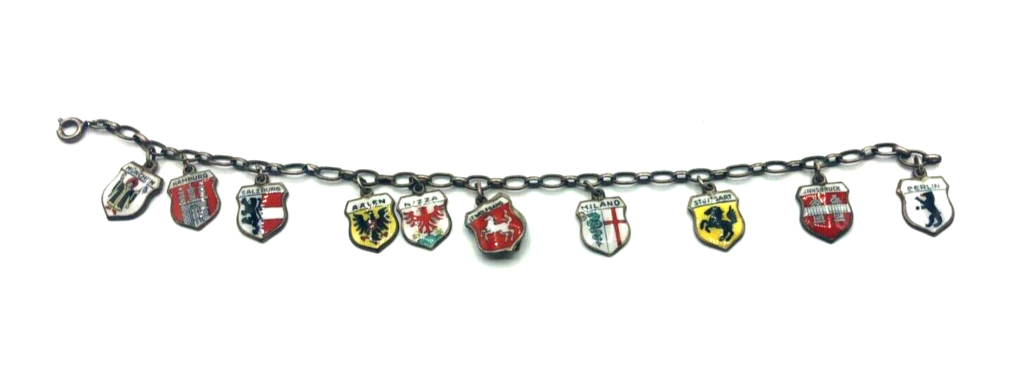 Vintage Silber Bettelarmband Stadtwappen 11 Reiseandenken Emaille erweiterbar1