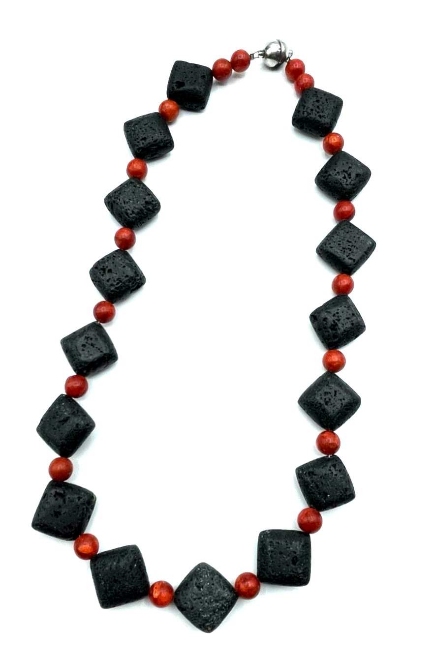Attraktive Bambuskoralle + Lava Stein Halskette Collier L50 B2,2 cm Magnet Kugel0