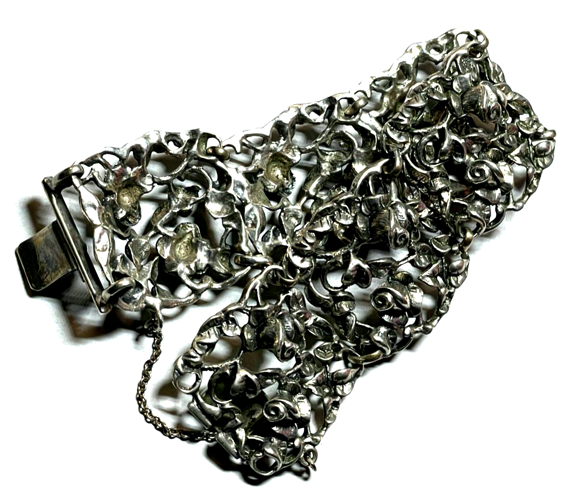 Stattliches 835 Silber Armband Jugendstil plastisches Rosen Dekor L 18cm B 30mm10