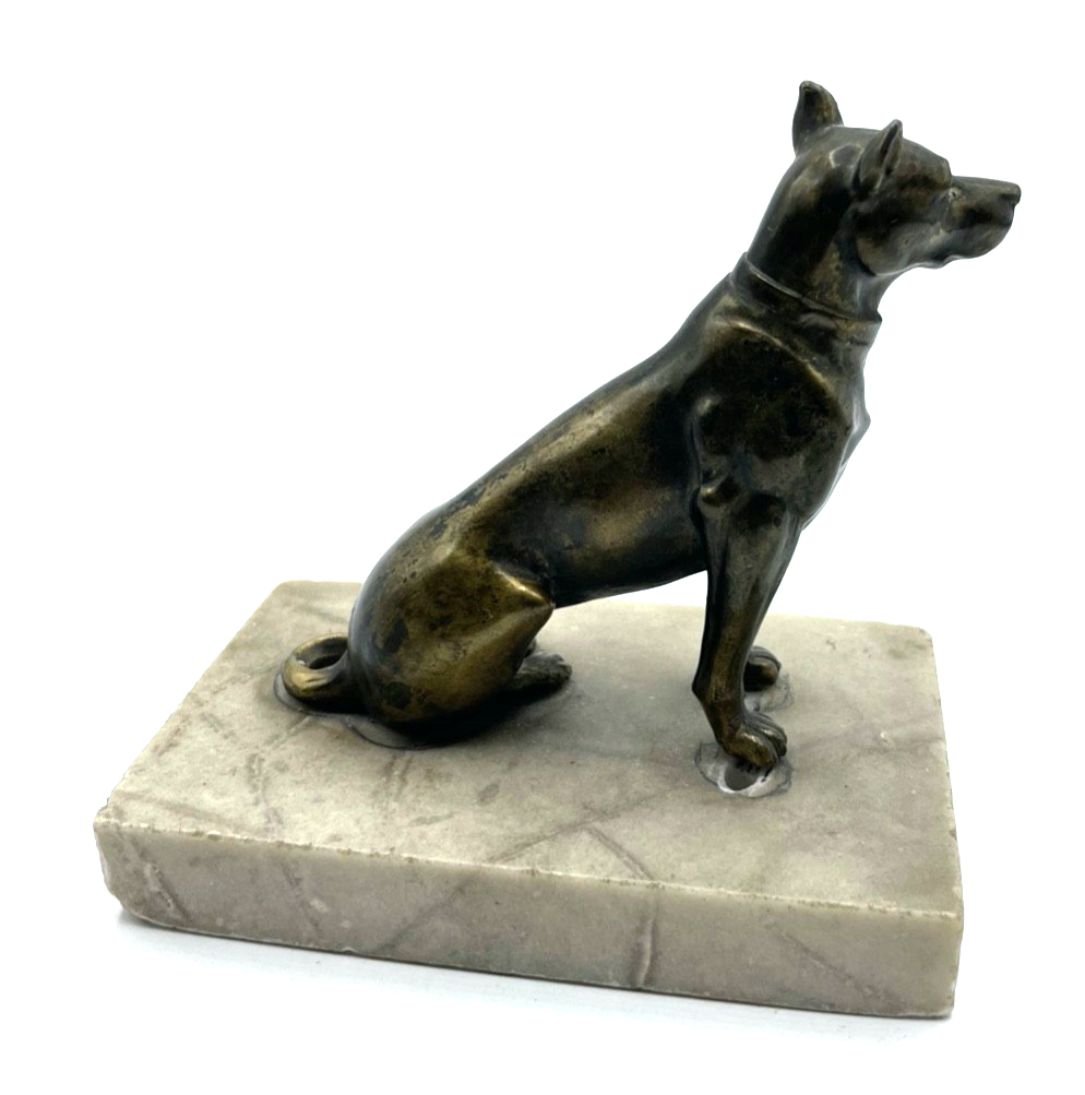 Antik Metall Hund Figur auf Alabaster Sockel aparte Hundeplastik Tierplastik2