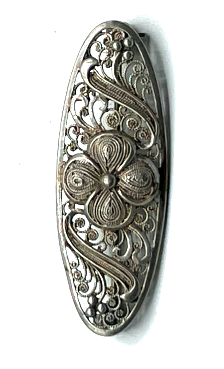 Antik 800 Silber Brosche Anstecknadel florales Durchbruch Dekor Filigransilber4